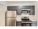 Galley kitchen featuring stainless steel appliances and gray cabinetry at 3790 Iris Ave # B, Boulder, CO 80301