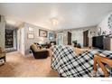 Cozy living room featuring neutral tones, plush carpeting, and comfortable furnishings at 650 Lake Ave, Berthoud, CO 80513