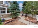 Serene backyard oasis with lush greenery, a brick patio, mature trees, and a white picket fence at 737 Snowberry St, Longmont, CO 80503