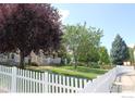 Well-manicured front yard with lush green grass, mature trees, and a charming white picket fence at 5735 Russell Cir, Frederick, CO 80504