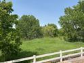 Lush backyard featuring verdant lawn and mature trees, framed by a classic white fence at 9266 W 107Th Ln, Broomfield, CO 80021