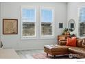 Cozy living room features a comfortable brown leather couch, stylish window shutters, and tasteful decor at 1365 Shale Dr, Erie, CO 80516