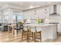 Modern kitchen featuring an island, stainless steel appliances, and sleek white cabinets at 1059 Larkspur Dr, Erie, CO 80516