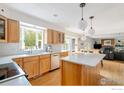 Bright kitchen featuring wooden cabinets, stainless steel appliances, and a spacious white countertop island at 5292 Lichen Pl, Boulder, CO 80301