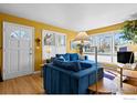 Bright, open living space features hardwood floors, neutral window treatments and comfortable blue sectional seating at 2276 Goss Cir, Boulder, CO 80302