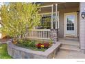 Inviting front porch with stone accents and colorful garden at 1579 Hays Ct, Erie, CO 80516