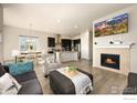 Open-concept living room with a fireplace, comfortable seating, and a kitchen island in the background at 452 Wagon Bend Rd, Berthoud, CO 80513