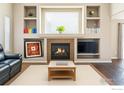 Comfortable living room featuring a fireplace with custom built-ins and a large window at 4774 Coker Ave, Castle Rock, CO 80104