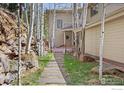 A serene backyard featuring a stepping stone pathway amidst birch trees and rock outcroppings at 524 Cutter Ln, Boulder, CO 80302