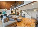 Inviting living room with hardwood floors, open floor plan, and staircase to the upper level at 531 Sky Trail Rd, Boulder, CO 80302