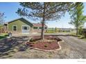 Beautiful landscaped yard with mature trees and gravel driveway at 205 S County Road 23, Berthoud, CO 80513