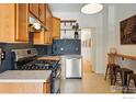 Efficient kitchen with stainless steel appliances, wooden cabinets, and tiled flooring, ready for cooking at 2955 N Columbine St, Denver, CO 80205