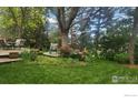 Landscaped backyard featuring a deck with seating, lush grass and mature trees at 308 Baron Ave, Lafayette, CO 80026