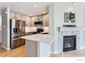 Modern kitchen with stainless steel appliances, sleek countertops, and a cozy fireplace at 827 Snowberry St, Longmont, CO 80503