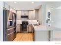 Updated kitchen with stainless appliances, light gray cabinetry, and stylish backsplash at 827 Snowberry St, Longmont, CO 80503