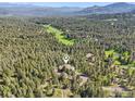 Expansive aerial view highlights the property's secluded location surrounded by lush forest landscape at 27921 Alabraska Ln, Evergreen, CO 80439