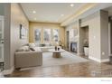 Bright living room with fireplace, plush rug, and large windows with shutters at 2624 S Race St, Denver, CO 80210