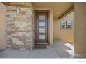 A stylish front door with glass inserts, complemented by stone siding at 10022 Reunion Pkwy, Commerce City, CO 80022