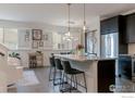 Bright kitchen featuring dark cabinetry, stainless steel appliances, a granite countertop island, and stylish pendant lighting at 1069 Johnson Ln, Louisville, CO 80027