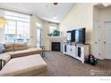 Bright living room with fireplace, large windows, and comfortable sectional sofa at 1339 Carlyle Park Cir, Highlands Ranch, CO 80129