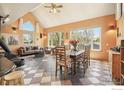 Bright living room featuring a vaulted ceiling, ample windows, and a cozy wood-burning stove at 265 31St St, Boulder, CO 80305