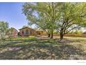 A large, grassy front yard with mature shade trees and a brick home with a small portico is the image's focus at 3117 County Road 14 1/2, Erie, CO 80516