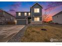Two-story gray home with a two-car garage, American flag, and minimal landscaping under a vibrant sunset sky at 14762 Charbray St, Mead, CO 80542