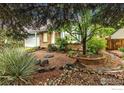 Front yard featuring professionally landscaped garden, including rocks and mulched plant beds at 323 S Hoover Ave, Louisville, CO 80027