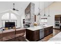 Open kitchen/living room area with stainless appliances, large island, and brick fireplace at 2770 Arbor Glen Pl, Boulder, CO 80304
