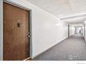 Interior hallway with gray carpet and white walls, leading to the unit entrance at 10211 Ura Ln # 104, Thornton, CO 80260