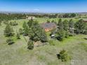 Aerial view showcasing a home on a green lot, complete with a fenced yard and mature trees at 2219 Meadow Green Cir, Franktown, CO 80116