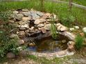 Rock-lined decorative pond featuring a small waterfall, aquatic plants, and attractive landscaping at 23891 Supai Rd, Indian Hills, CO 80454