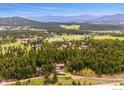 Aerial view of the home nestled within a lush forest setting, showing the sprawling landscape at 25808 Sunrise Ln, Golden, CO 80401