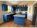 Bright kitchen featuring blue cabinets, stainless steel appliances, and a functional island at 6124 Taylor St, Frederick, CO 80530