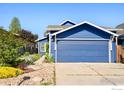 Blue home featuring an attached two-car garage, landscaped garden, and a driveway at 821 Hayden Ct, Longmont, CO 80503