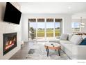 Bright living room featuring a cozy fireplace, modern sofa, and sliding doors to the patio at 2905 S Flat Cir, Longmont, CO 80503