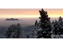 Scenic mountain view featuring snow-covered trees and rolling fog at sunset at 33090 Janelle Cir, Golden, CO 80403