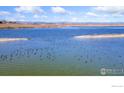 Scenic aerial view of a serene lake, with distant mountains and ducks swimming in the blue water at 5425 County Road 32 # 27, Mead, CO 80504