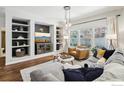 Bright living room with built-in shelves, stylish seating, and views from large windows at 4109 Frederick Cir, Longmont, CO 80503