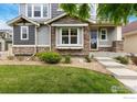 Charming home featuring stone accents, gray siding, manicured lawn, and a welcoming entryway at 1424 Bluemoon Dr, Longmont, CO 80504