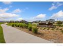 Welcoming Morgan Hill neighborhood entrance with stone accents, landscaping, and a clear blue sky at 113 Marlowe Dr, Erie, CO 80516