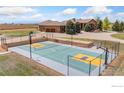 Outdoor basketball court with custom colors provides entertainment adjacent to the home's driveway at 5454 County Road 38, Platteville, CO 80651
