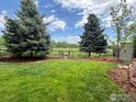 Spacious backyard with lush green grass, mature trees, and a charming wooden fence at 2335 Dogwood Cir, Louisville, CO 80027