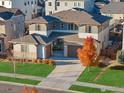 Gorgeous aerial view of a two-story home with a well manicured lawn and mature tree at 515 Orion Ave, Erie, CO 80516