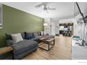 Comfortable living room with green accent wall, modern furniture, and hardwood floors at 804 Summer Hawk Dr, Longmont, CO 80504