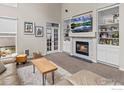 Cozy living room with a fireplace, built-in shelving, and modern decor at 23570 E Holly Hills Way, Parker, CO 80138