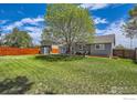 Spacious backyard with lush lawn, mature tree, patio area and privacy fence at 13441 Sheridan Blvd, Broomfield, CO 80020