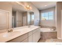 Elegant bathroom has double vanity, large mirror, soaking tub and updated fixtures at 2718 Crystal Springs Ln, Longmont, CO 80503