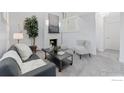 Living room featuring modern sofa, chair, fireplace, and stylish decor at 2835 S Monaco Pkwy # 104, Denver, CO 80222