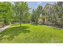 Spacious front yard with lush green lawn, mature trees, and charming home in the background at 634 Homestead St, Lafayette, CO 80026